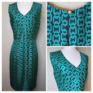 Milly Dress Sz 6 Midi 100% Silk Shift Green/Navy Print Sleeveless V-neckline EUC